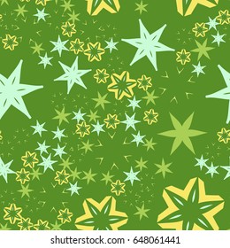 Warping paper pattern, seamless design for giftboxes, covers, flayers in green and yellow color. Flying stars and stylized flowers on green background.