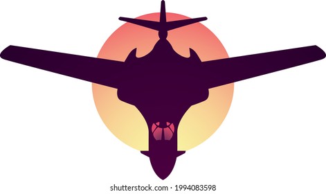 Warplane flying to target at sunset. Plane silhouette.