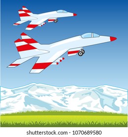 Warplanes to fighters fly on floor and mountain