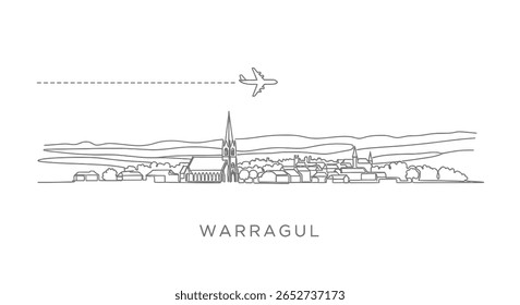 Cidade de Warragul com moscas planas sobre vetor linha arte.