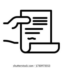 Warrant in hand icon. Outline warrant in hand vector icon for web design isolated on white background