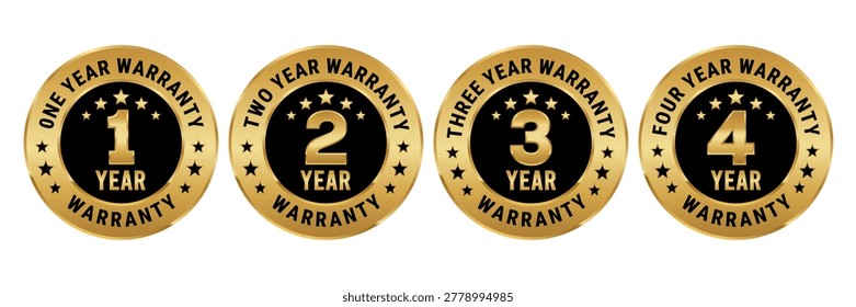 Warranty 1, 2, 3, 4, 5, 6, 7, 8, 9, 10 year, month, day, hour, label, logo, circle, badge, icon, sticker, emblem, stamp, symbol, black, golden, flat vector, isolated illustration.