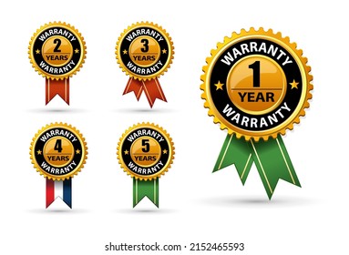 Warranty 1 year, 2 years, 3 years, 4 years, 5 years labels.  Set of warranty badges with ribbons. Vector illustration.