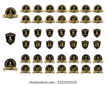 Crachá de garantia. Autocolantes de período de garantia dourada com durações de 1 a 15 anos. Selo emblema, escudo e círculo com fitas de ouro. Conjunto de vetores de decalques de marketing.