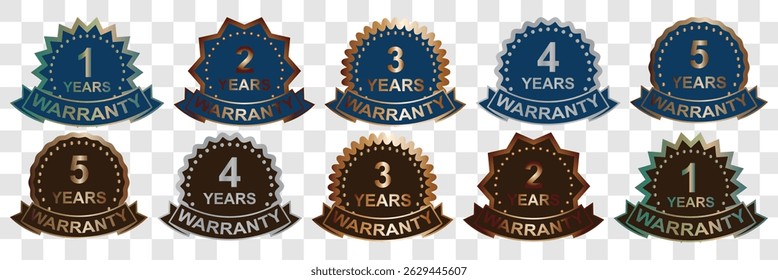 Warranty badge icon. Years and lifetime warranty label icon set. Vector on isolated transparent background.