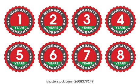 Warranty Badges Collection from 1 to 8 Years - Red and Green Circular Design with Stars for Premium Product Guarantee and Service Assurance