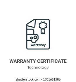 Warranty certificate outline vector icon. Thin line black warranty certificate icon, flat vector simple element illustration from editable technology concept isolated stroke on white background