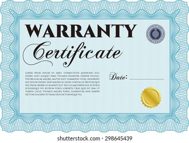 Plantilla de certificado de garantía. Con fondo. Con texto de ejemplo. Estilo perfecto. 