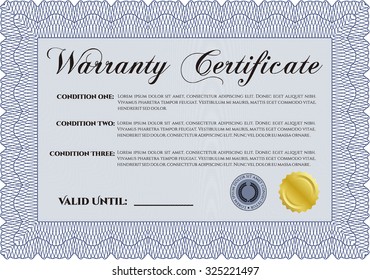 Plantilla de certificado de garantía. Diseño de cuadro complejo. Fácil de imprimir. Estilo perfecto. 