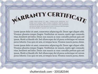 Warranty Certificate template. Complex frame. Perfect style. With sample text. 