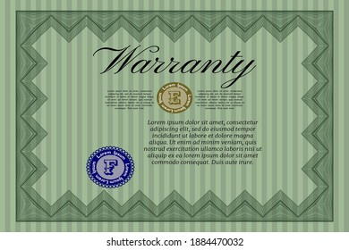 Warranty Certificate template. Elegant design.  Easy to print.  Detailed.  Green color.