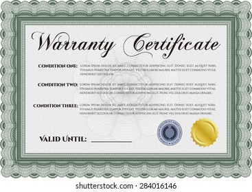 Plantilla de certificado de garantía. Incluye antecedentes. Diseño de cuadro complejo. Estilo perfecto. 