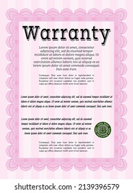 Warranty Certificate template. Lovely design.  With linear background.  Customizable, Easy to edit and change colors.  Pink color.