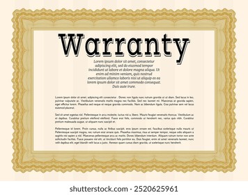 Warranty Certificate template. Lovely design.  With great quality guilloche pattern.  Vector illustration.  Orange color.