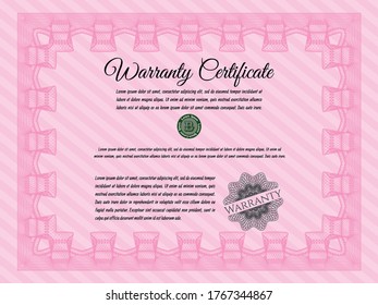 Plantilla de certificado de garantía. Diseño del patrón de dinero.   Ilustración vectorial.  Color rosa.