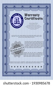 Warranty Certificate template. Sophisticated design.  Printer friendly.    Blue color.