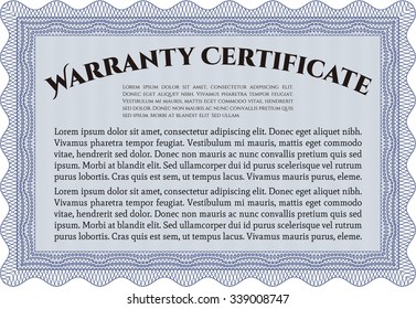 Warranty Certificate. Vector illustration. With sample text. Complex border. 