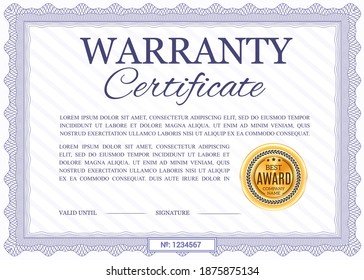 Warranty Certificate Vector Template, Diploma With Wavy Ornamental Border. Official Best Award Frame, Paper Document For Company Appreciation With Golden Stamp And Place For Valid Date And Signature