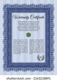 Garantía. Diseño cordial.  Con un fondo lineal complejo.  Personalizable, fácil de editar y cambiar los colores.  Color azul.
