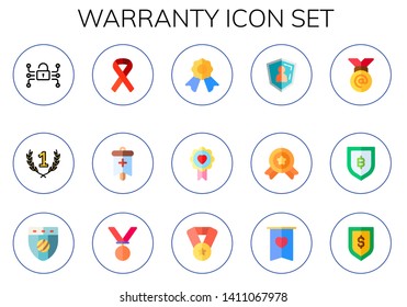warranty icon set. 15 flat warranty icons.  Simple modern icons about  - security, first, ribbon, banner, medal, badge, secure