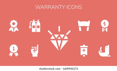 warranty icon set. 9 filled warranty icons.  Simple modern icons such as: Quality, Promise, Oxigen, Seal, Banner