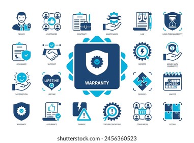 Garantie-Symbolsatz. Vertrag, Instandhaltung, Beschädigung, Versicherung, Recht, Versicherung, Service, Kunden. Zweifarbige Volltonsymbole