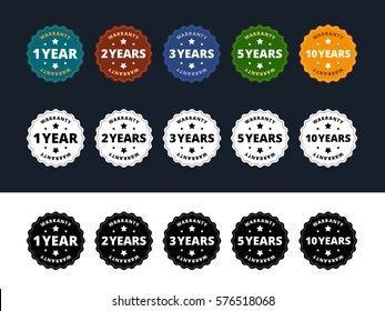 Warranty labels. 1, 2, 3, 5 and 10 years. Color and black and white variants. Vector illustration