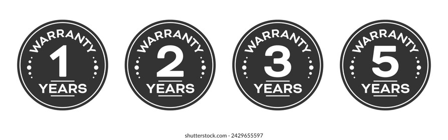 Warranty logo of 1 years, 2 years, 3 year and 5 years in circle with star in black and white color on white background. Warranty label or seal flat icon set - Vector Logo