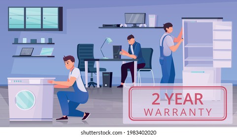 Warranty repair card with an image of the office and repairers flat vector illustration