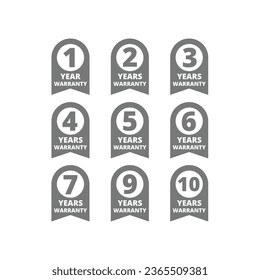 Warranty ribbon label. 1, 3, 5, 10 years guarantee vector labels.