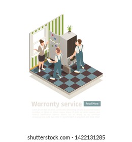 Warranty service isometric composition with technical staff called to house to diagnose of non working household appliance vector illustration