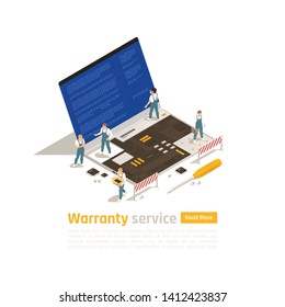 Warranty service isometric design concept with small figurines of technicians making repair of big laptop vector illustration 