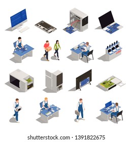 Warranty service isometric icons set of electronics and household appliances need of diagnostics or repair isolated vector illustration