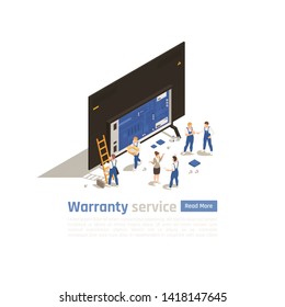 Warranty service isometric landing page with big icon of gadget stripped for parts and small figurines of technical specialists vector illustration