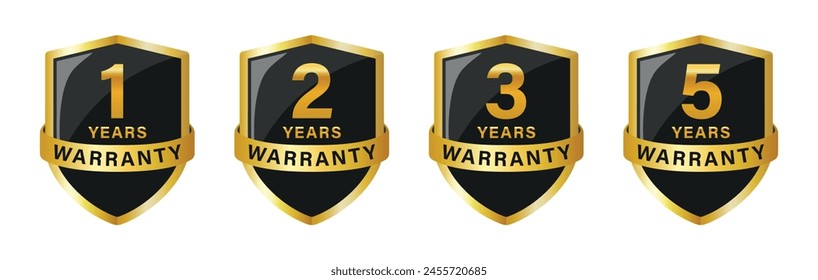 Warranty shield logo with ribbon set of one, two, three and five years old warranty with shiny effect in golden color. 1, 2, 3, 5 years warranty logo in shield. Vector warranty logo set.