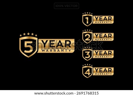 Warranty shield logo  set of one, two, three and five years old warranty with shiny effect in golden color. 1, 2, 3, 5 years warranty logo in shield