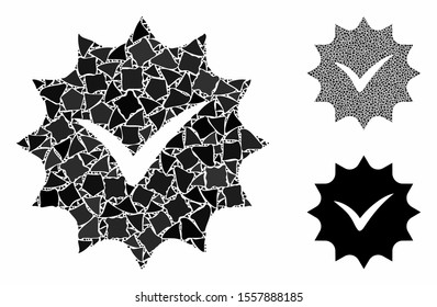 Warranty tag composition of bumpy items in various sizes and color hues, based on warranty tag icon. Vector inequal items are combined into composition. Warranty tag icons collage with dotted pattern.
