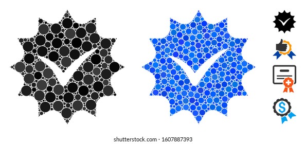 Warranty tag mosaic of circle elements in variable sizes and color tints, based on warranty tag icon. Vector circle elements are composed into blue composition.