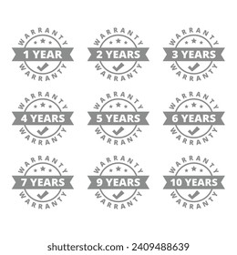 Warranty year vector label set. 1,3,5 years guarantee circle labels.