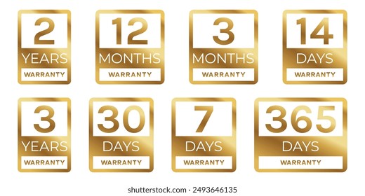 Warranty years months days hours logo, badge, icon, sticker, label, emblem, stamp, symbol, black, golden, flat vector, isolated illustration.