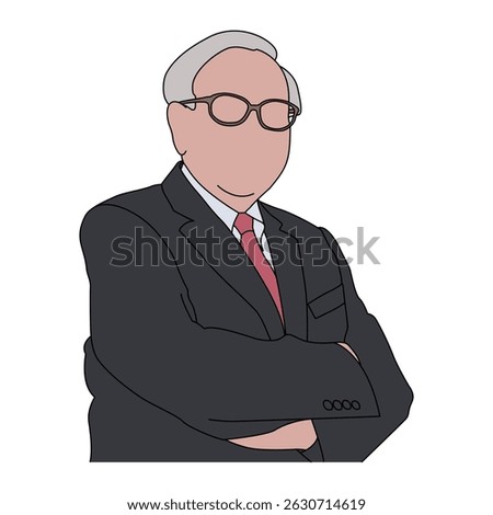 Warren Buffet, Colored Outline Portrait of a Businessman with Glasses and Crossed Arms, Stylized Senior Male Executive with Black Outlines and Color Fills