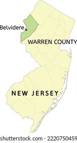 Warren County and town of Belvidere location on New Jersey state map