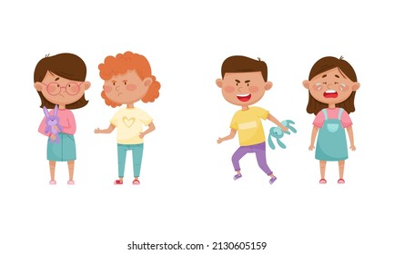 Warring Boy and Girl Taking Toy Hare Away from Crying Girl Agemate Vector Set