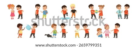 Warring Boy Kid Misbehave with Disobedient Behavior Vector Set