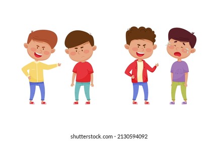 Warring Boy with Offensive Behavior Insulting Crying Agemate Vector Set