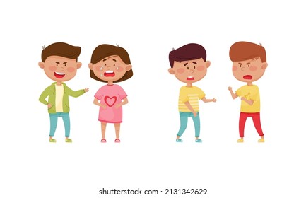 Warring Boywith Offensive Behavior Insulting Crying Girl Agemate Vector Set