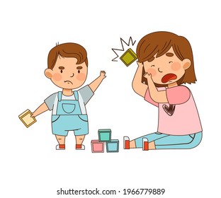 Warring Little Brother Throwing Toy Block to His Sister as Family Relations Vector Illustration