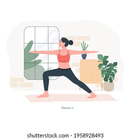 warrior 2 Yoga pose. Young woman practicing yoga  exercise. Woman workout fitness, aerobic and exercises. Vector Illustration.	
