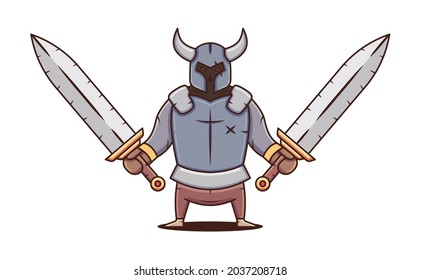 Warrior in armor with two huge swords. Dark character. Vector flat cartoon illustration.