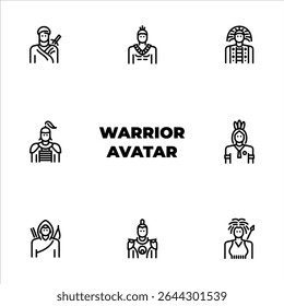 Warrior avatar outline icon set. Warrior character front view black line illustration.
